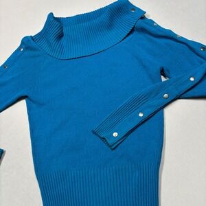 Cache Sweater Womens Large Blue Ribbed Cowl Neck Snap Button Long Sleeve Ribbed